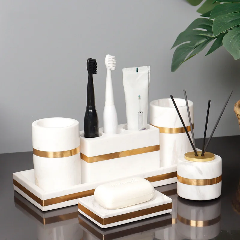 Marble Bathroom Set Liquid Soap Dispenser/Dish Toothbrush Holder Gargle Cup Tray Cotton Swab/Tissue Box Aromatherapy Bottle