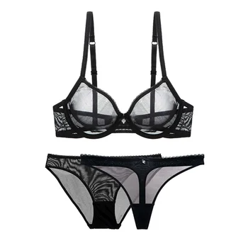 

Women Sexy Bras Ultra-thin Cup Mesh Lace Underwear Transparent Unlined 1 Bra 2 Panties Bra Set for Ladies
