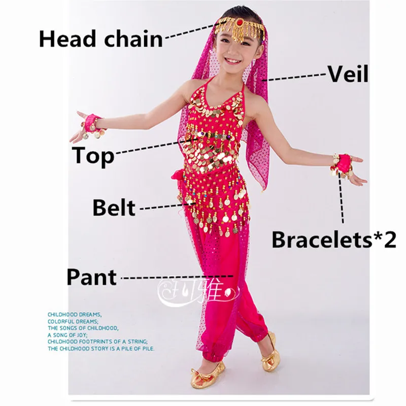 Детский костюм для танца живота, карнавал, Египетский костюм с поясом, детская одежда для индийского танца, одежда для девочек, комплект одежды для танца живота для выступлений в Болливуде - Цвет: Rose Red 7PCS