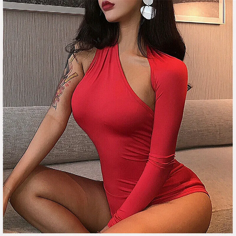 Womens Long Sleeve Bodysuit One Shoulder Leotard Spring Autumn Slim Fit Bodycon Bandage Jumpsuit Tops Sexy Jumpsuit Club Wear