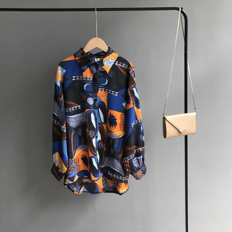 

Spring Summer Women Printing Blouse Shirts Chiffon Lady Tops Tunic Casual Loose Print Long Sleeve Button Cardigan 2020