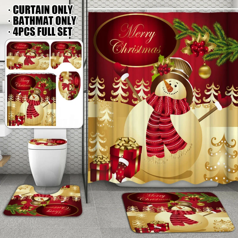 3pcs Christmas Toilet Seat& Cover Snowman Shower Curtain Bathroom Mat Anti-slip Carpet Rug Toilet Cover Kerst Navidad