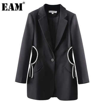 

[EAM] Women Hollow Out Diamond Long Blazer New Lapel Long Sleeve Loose Fit Jacket Fashion Tide Spring Autumn 2020 1DC115