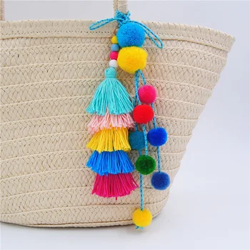 

Exknl Fashion Pompom Long Tassel Key Chains ring For Women Pom Pom Pendant Bohemian Ball Women Keychain Jewelry Bag Accessory