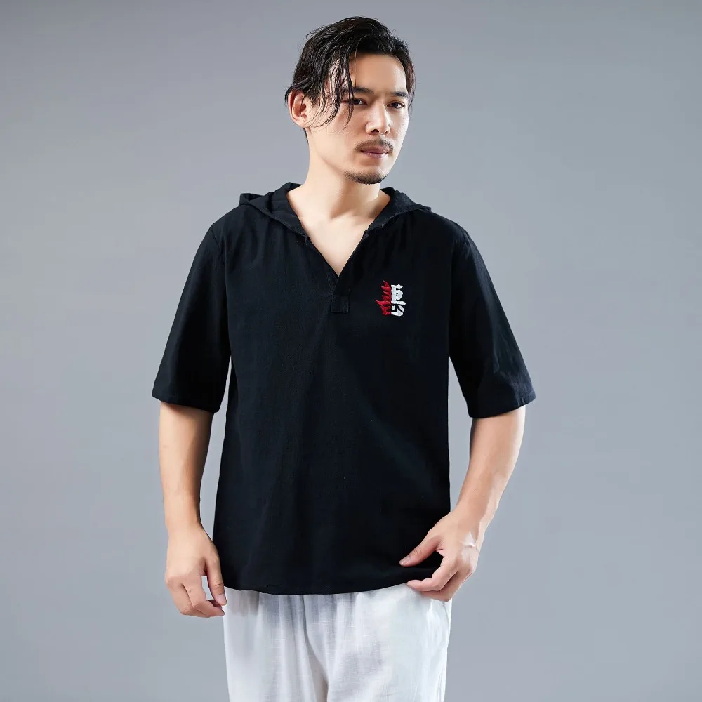 LZJN 2019 Men's Shirt Summer Style Hooded Short Sleeve Blouse Top Men New Casual Embroidery Cotton Linen Shirt Camisas De Hombre (30)