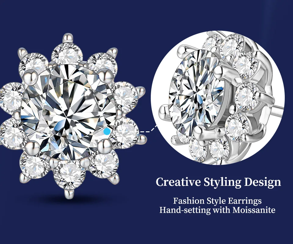 Snowflake Stud Earrings 925 Sterling Silver Jewelry 6.5mm 1.0 Carat Diamond Moissanite Earrings For Women Wedding Gift