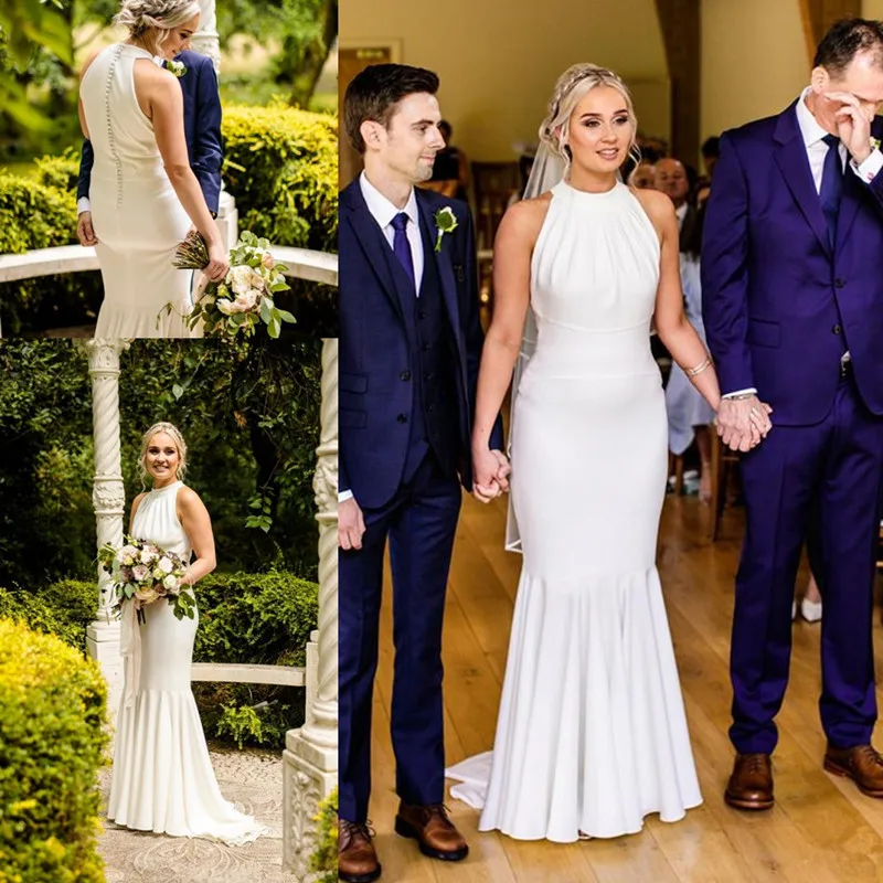 

Simple Stain Mermaid Wedding Dresses 2020 Modern High Neck Full length Covered Buttons Trumpet Boho Country Bride Wedding Gown