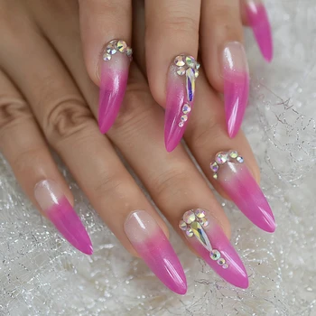 

Ombre Jewelry Fake Nails Easy Designed Hand Painted Custom Press On Nails Extra Long Stiletto Designer Tips