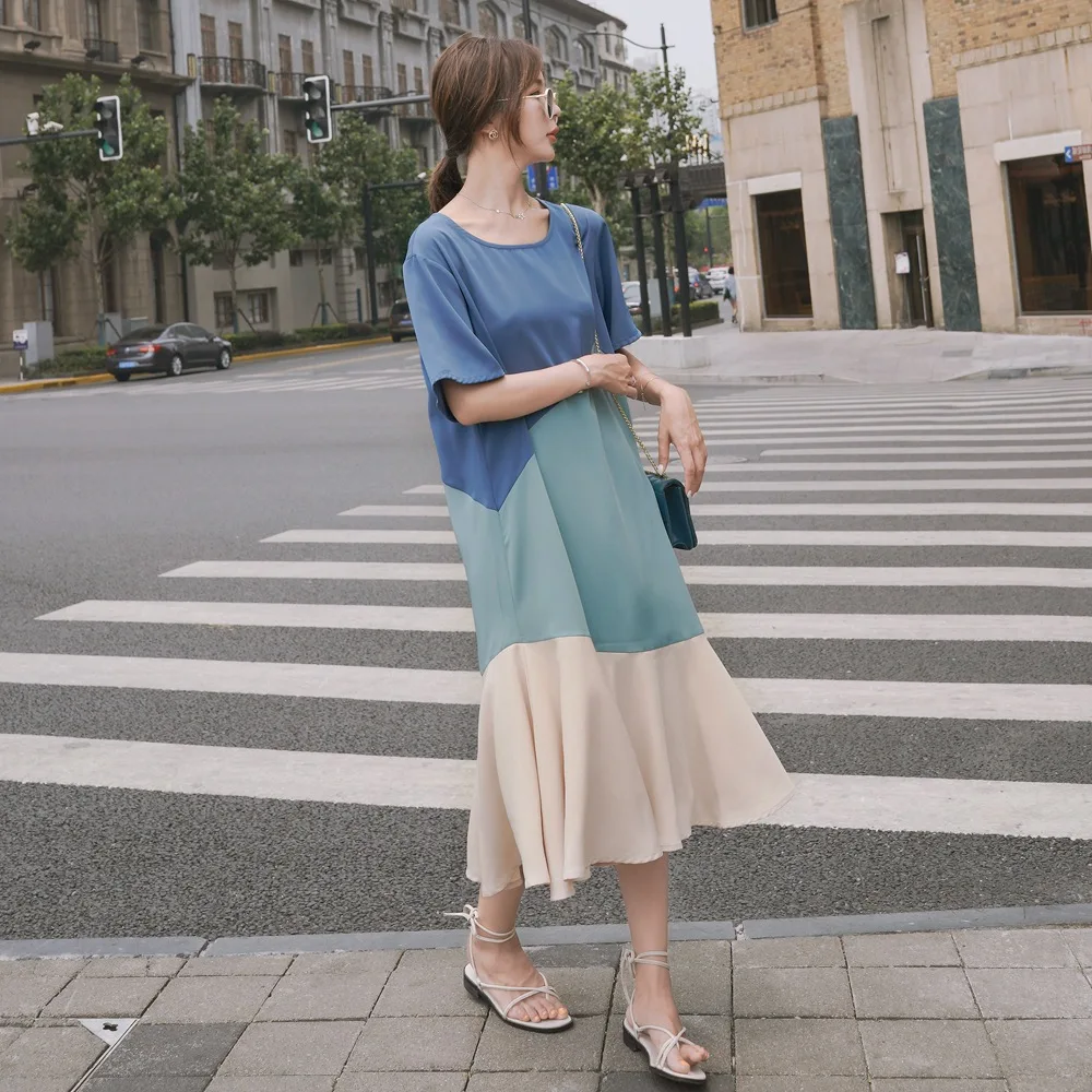 

Photo Shoot 2019 Summer New Style INS WOMEN'S Dress Retro chci Wind Loose And Plus-sized Joint Contrast Color Fishtail Dress