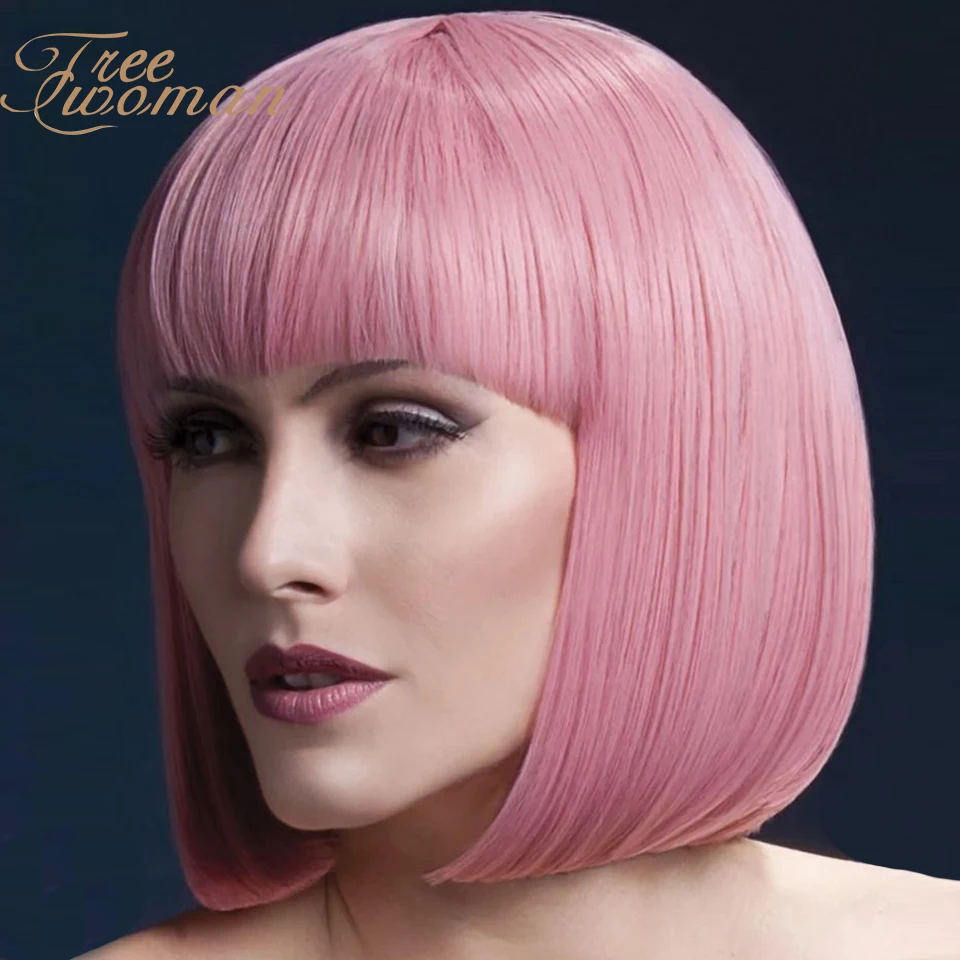 

FREEWOMAN Straight Synthetic Wigs With Bangs For Women Medium Length Hair Bob Wig Hairstyle Cosplay wig Pink Purple Green Lolita