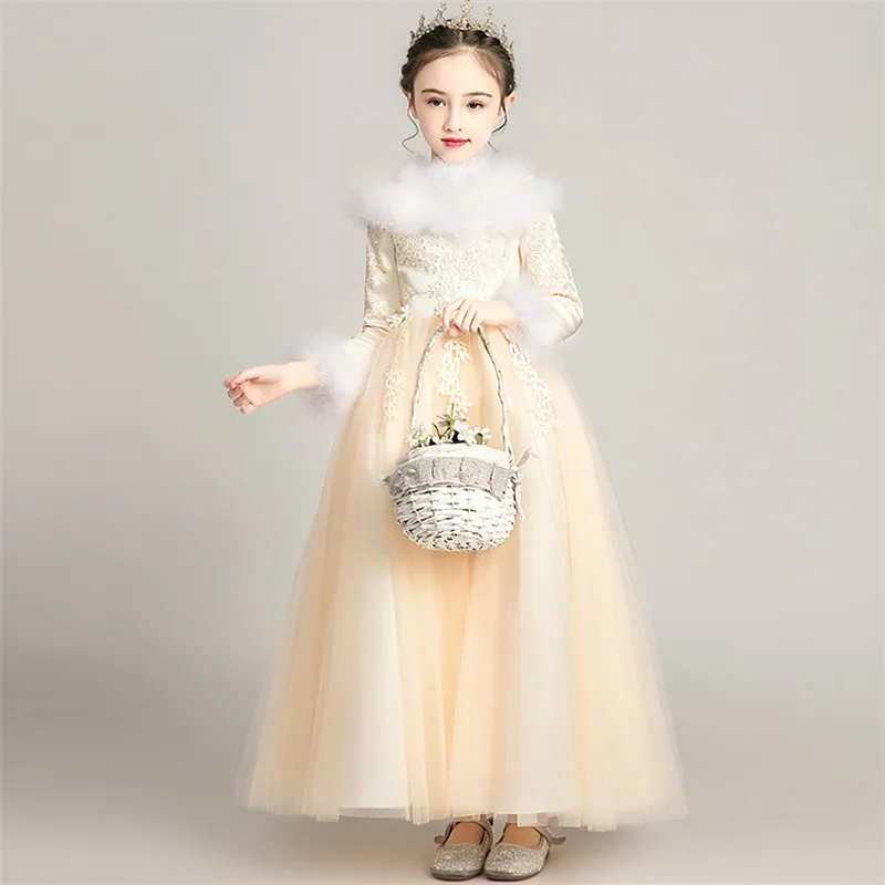 Новинка; сезон осень-зима; плотное теплое кружевное платье принцессы с вышивкой для дня рождения, свадьбы, вечеринки; Пышное детское платье для девочек