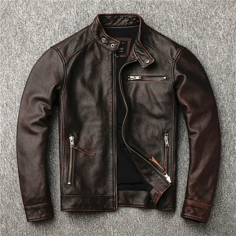 Gratis Verzending. classic Motor Stijl, Vintage Echt Lederen Jas, Mode Mannen Bruin Lederen Jas, Straat Biker Jas, Verkoop