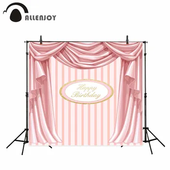 

Allenjoy Happy Birthday Banner Stripe Glitter Golden Letter Pink Photozone Party Curtains Child Event Celebrate Background Cloth