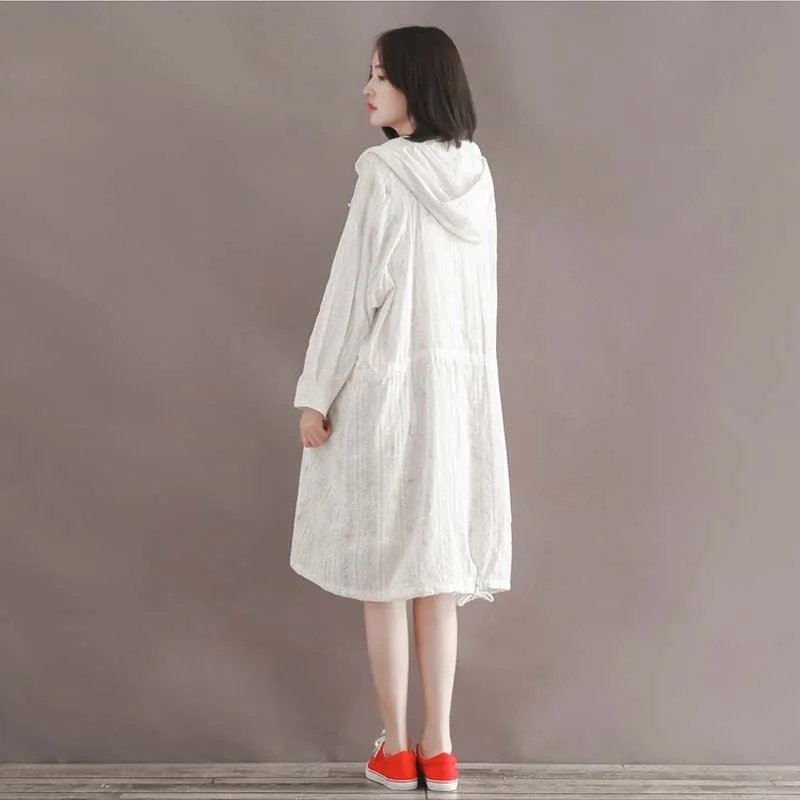 Blouses Hooded Shirt MID-Long Tops For Women White Cotton 3/4 Sleeve Loose Shirts Summer Sun-Protection