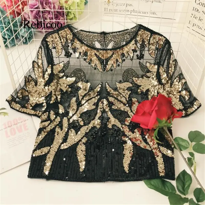 

Rebicoo Gauze Sequined Patchwork Women Tops O-Neck Short Sleeve Bling Beading Blouse New Summer See-through Blusas 67731