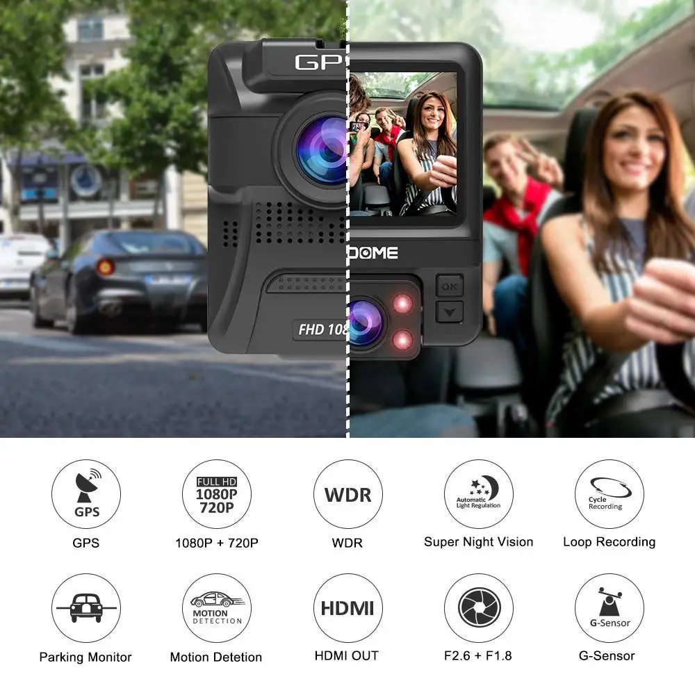 Автомобильный видеорегистратор AZDOME, мини видеорегистратор с двумя объективами, фронтальная камера Full HD 1080 P/задняя камера 720P GS65H, автомобильная камера ночного видения, gps