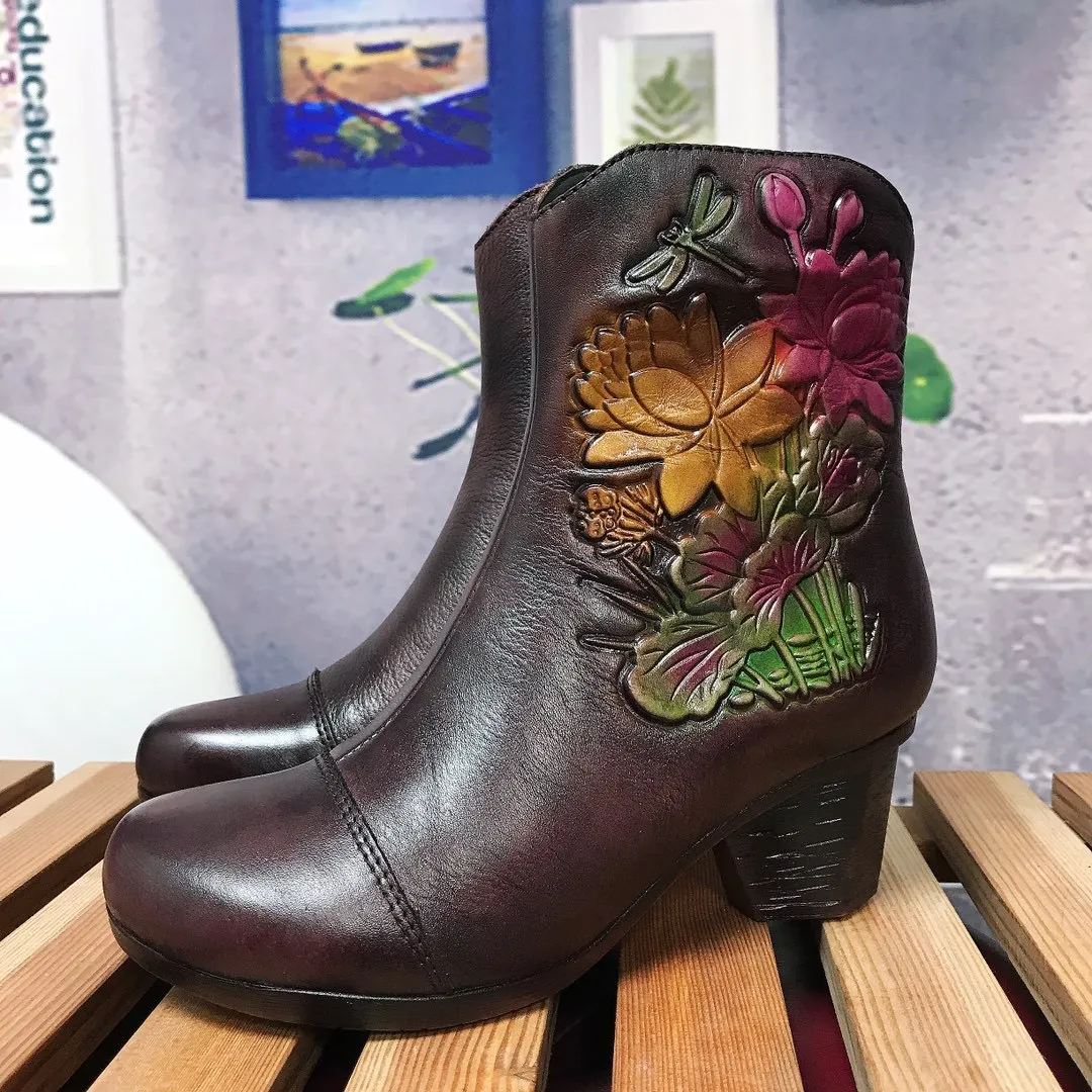 

Manual 2019 Genuine Leather Short Boots Woman Head Coarse High With Single Boots Head Layer Cowhide Printing Boots