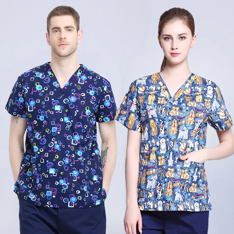 Summer Scrub Tops New Fashion v-Neck Men's Beauty Salon Pet Shop Work Clothes Blue Dog Printing Shirt Nursing Uniform Women