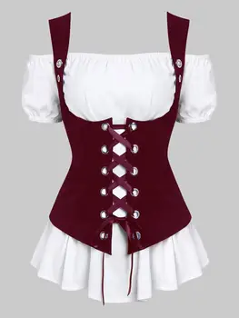 

2Piece Set Women's Sexy Slash Neck Blouse With Cross Lace Up U-neck Corset Camisole Female Streetwear Casual Clothing Set