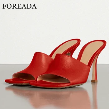 

FOREADA Natural Genuine Leather Slippers Platform Thin Extreme High Heel Slides Square Toe Sandals Ladies Shoes Summer Red 34-43