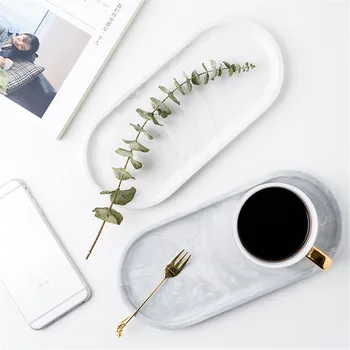 

Luxury Storage Tray Marble Ceramic Dessert Fruit Plate Cosmetic Jewelry Ring Display Tray Office Desk Storage Trays Organizer