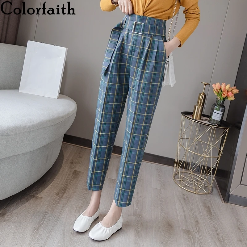Colorfaith, Осень-зима, женские штаны с высокой талией, повседневные, с поясом, карманами, цветные, в клетку, на молнии, для офиса, для девушек, костюм, брюки P7211