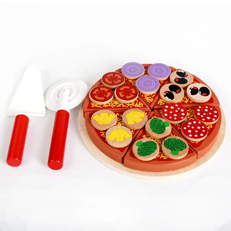 Детская кухня деревянные ролевые игры игрушки для детей деревянный симулятор пиццы гамбургер кухонный набор для детей как детский подарок - Цвет: Pizza A 27pcs set