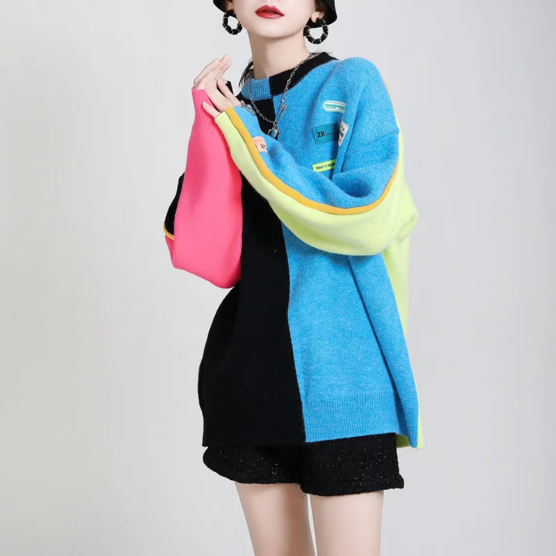 Loose Women's Pullover Sweater 2021 Spring Personality Maxi Plus Size Women O-neck Long Sleeve Streetwear Patchwork AB Face Top | Женская