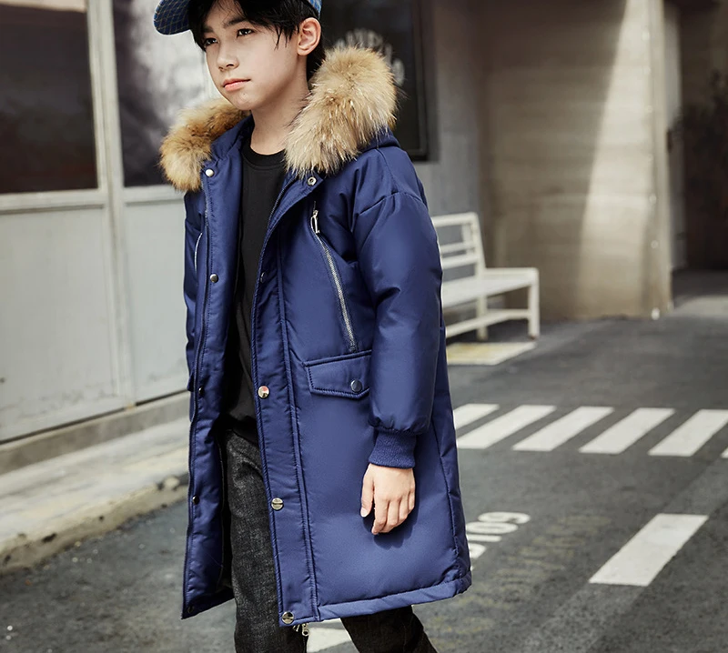 Зима года, Детский пуховик одежда с капюшоном для маленьких мальчиков детская одежда, Куртка теплое ветрозащитное пальто Длинная Куртка на утином пуху - Цвет: Tibetan blue