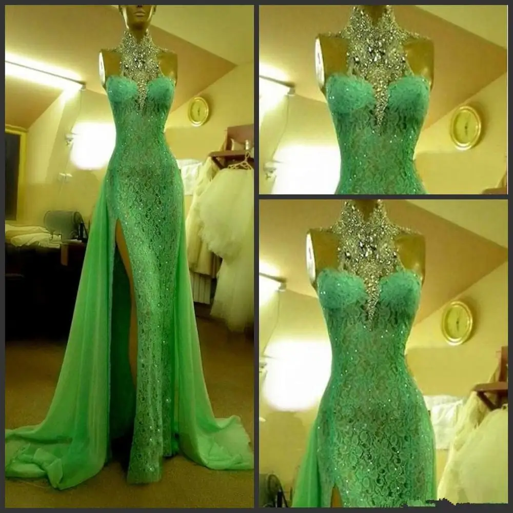 

2020 Emerald Green Evening Dresses High Collar with Crystal Diamond Arabic Evening Party Gowns Long Side Slit Dubai Prom Dresses