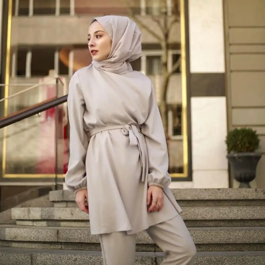 Vestido Hijab musulmán para mujer, traje de 2 piezas de Dubái con cordones, tops y pantalones, caftán turco, Hijab islámico, Ramadán, F1493