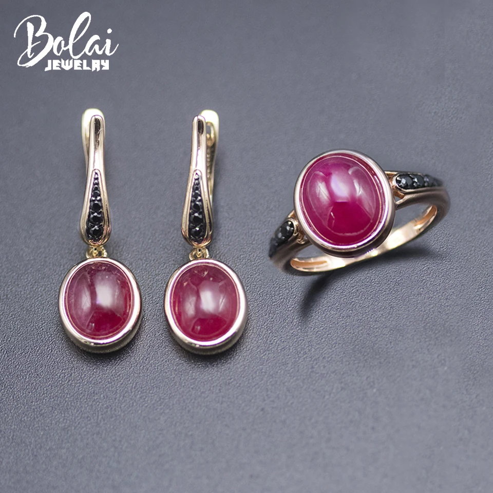 

Bolai Natural Ruby Jewelry Sets Kits 925 Sterling Silver Rose Gold Clasp Earrings Ring Oval 10*8mm Precious Gemstone for Women