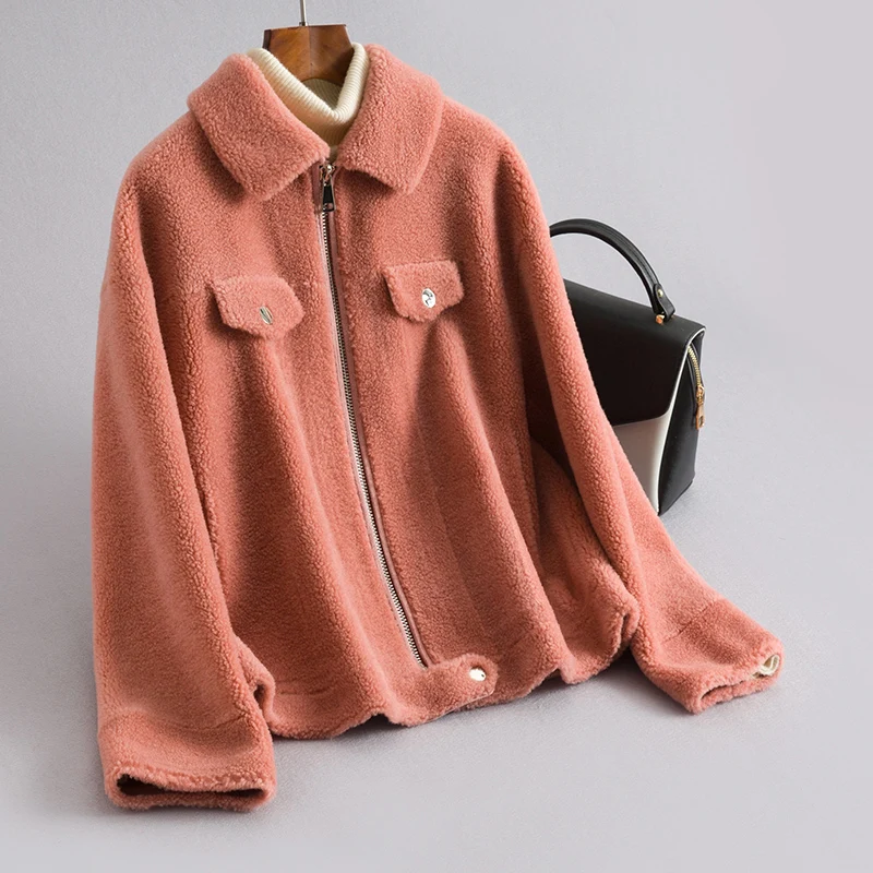 AYUNSUE Натуральная Овечья шерсть пальто женские шерстяные пальто зимняя куртка женские корейские короткие куртки Chaqueta Mujer MY4039 - Цвет: watermelon pink