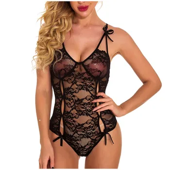 

Women Lace V Neck Hollow Sexy Lingerie Erotic Bowknot Backless Open Crotch Sexy Underwear Babydoll Teddy Lenceria Porno Mujer
