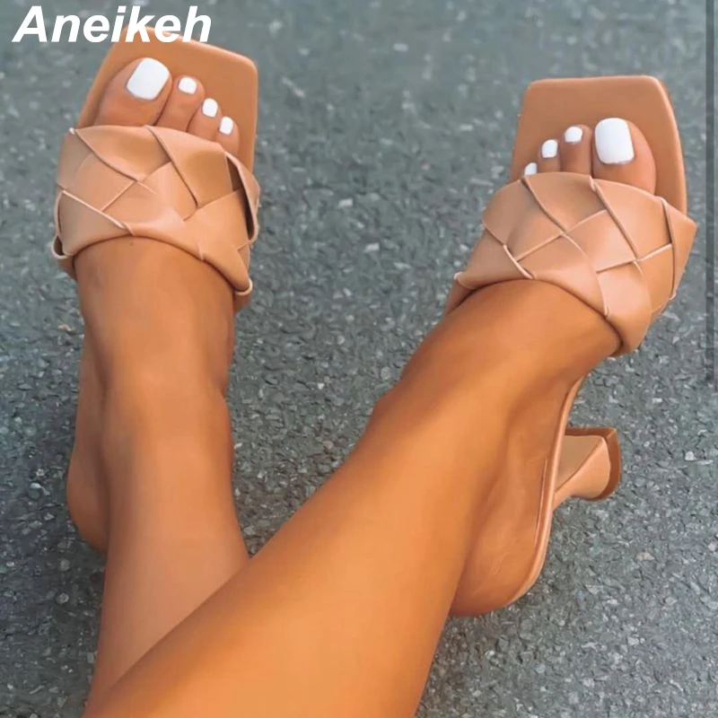 Женские мюли Aneikeh из искусственной кожи плетеные сандалии на шпильках