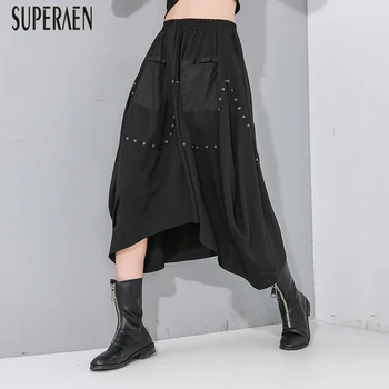 

SuperAen 2020 Spring New Elastic Waist Women Skirts Solid Color Wild Cotton Ladies Skirts Pluz Size Irregular Fashion Skirts