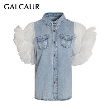 

GALCAUR Patchwork Ruffle Denim Women's Jacket Lapel Collar Puff Sleeve Hollow Out Pocket Jackets Female 2020 Autumn Fashion New