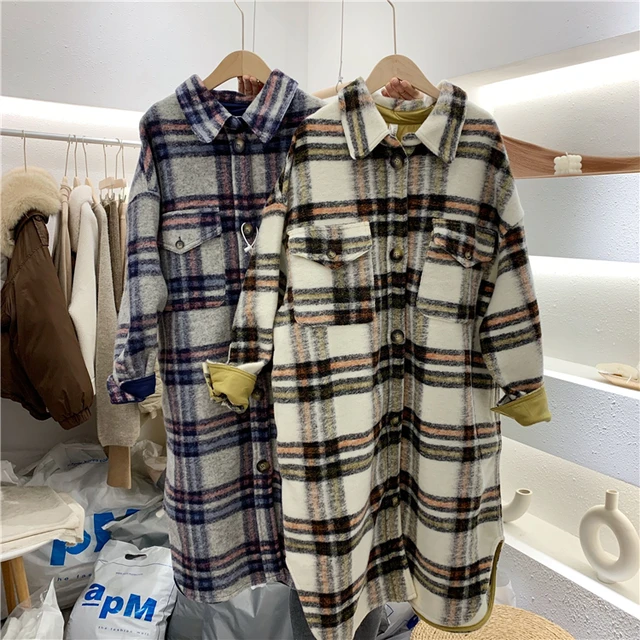 US $70.99 2020 Spring Turn Down Collar Women Woolen Coat Plaid Print Elegant Wool Jacket Women Autumn Long Co