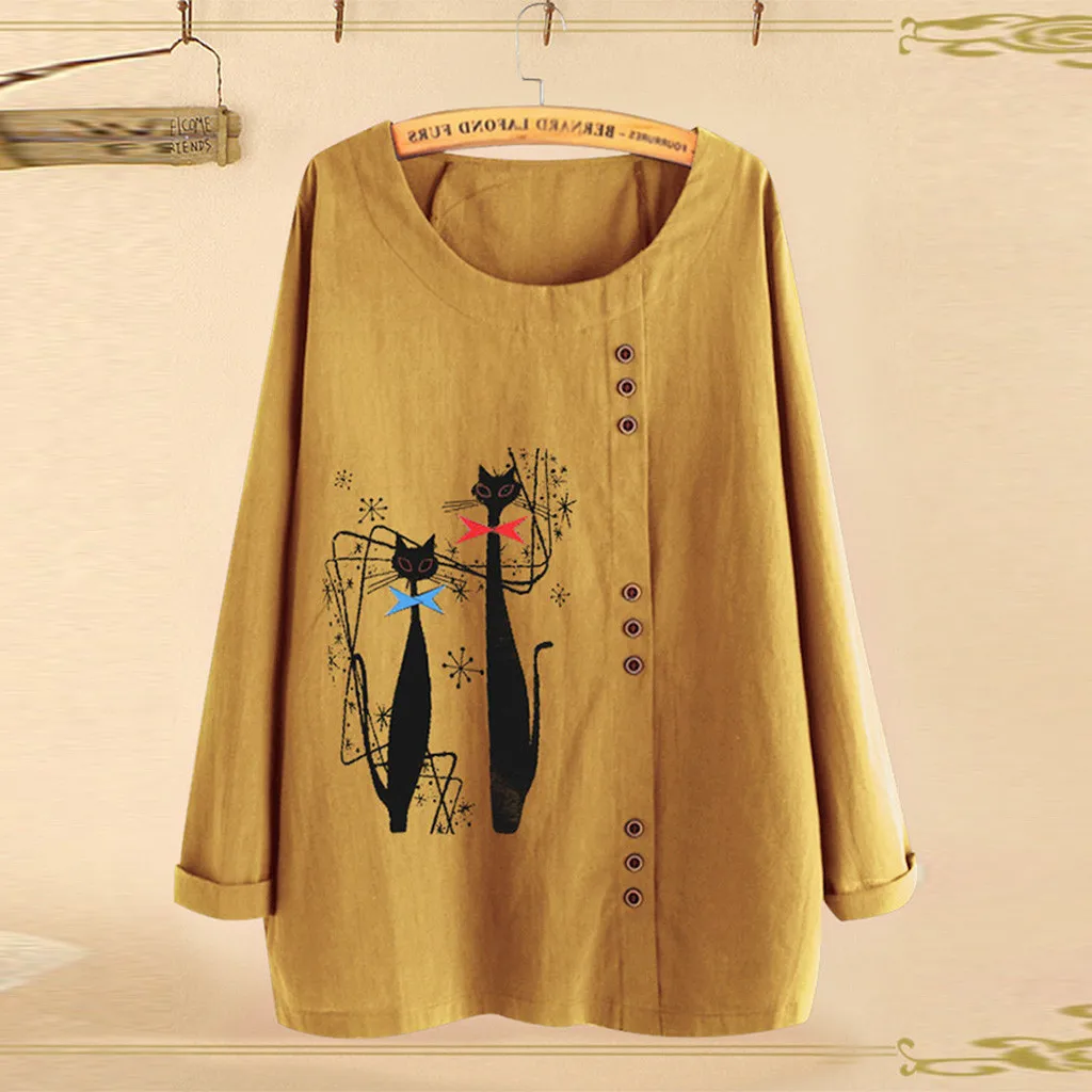 

Women Long Sleeves Blouses Shirts Autumn Casual O-Neck Cat Print Loose Blouse Plus Size Tops Fall Women Shirts Camisas Feminina