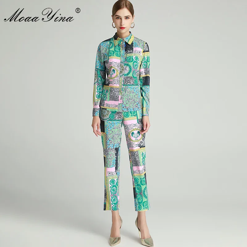 

MoaaYina Fashion Designer Set Spring Women's Long sleeve Blouses Tops+Vintage Baroque Print trousers Two-piece set
