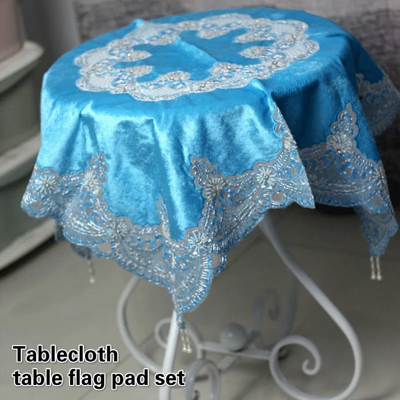 

European Peacock Blue Velvet Lace Embroidered Border Pendant Classic Tablecloth Multi-purpose Cover Cloth Wedding Decoration