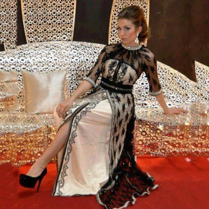 

Luxury Black Lace Kaftan Evening Dresses with half Sleeves Beaded Crystal Caftan Dubai Arabia Long Evening Gown Prom Dress