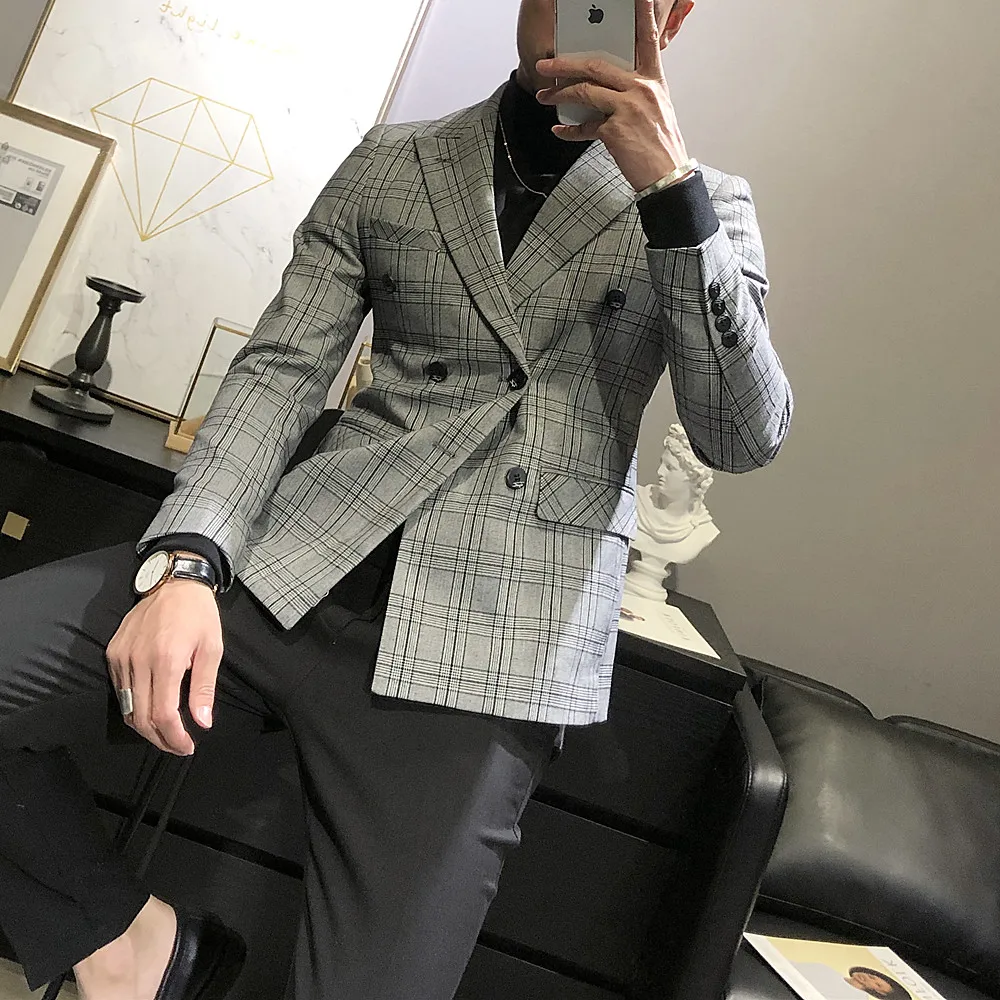 Men‘s Blazers Suit Jacket Plaid Smart Casual Solid Slim Fit Clothing Modis 3XL Double Breasted Male Blazers Men Suit Jackets