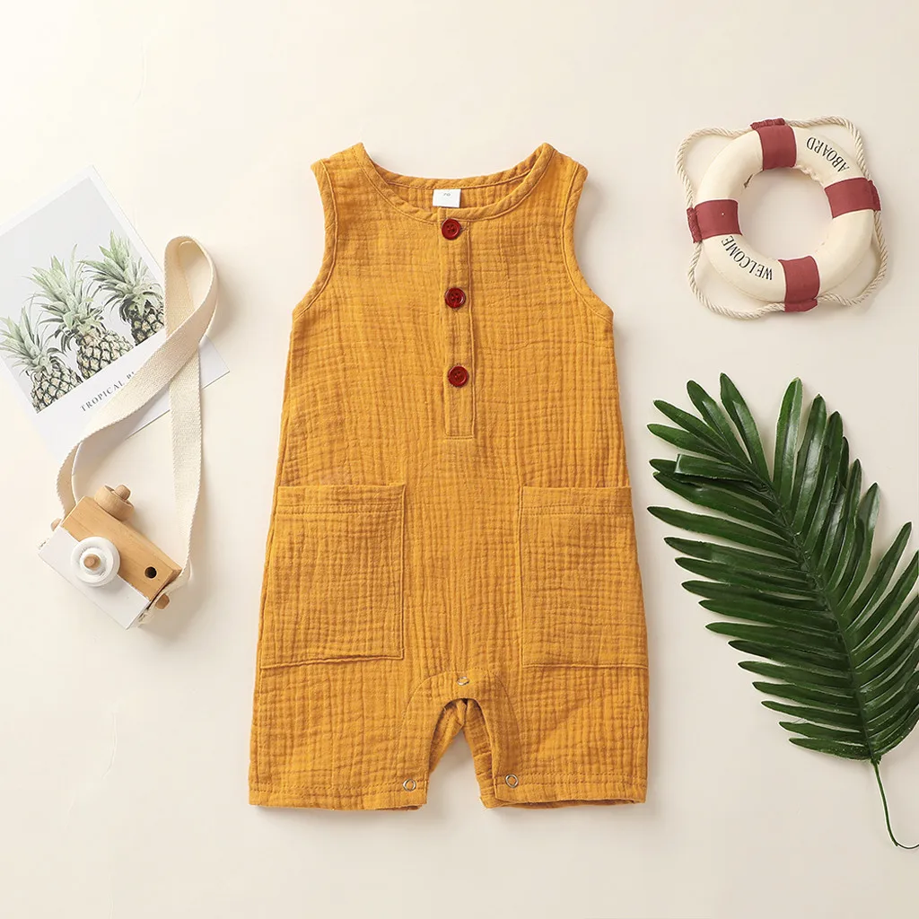 

(0-2Y) Infant sleeveless patch pocket cotton and linen bodysuits robe summer comfortable solid color linen jumpsuit pocket S4