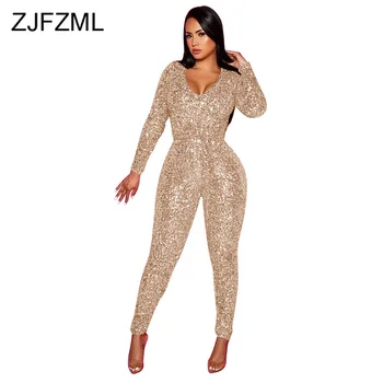 

Glitter Sequin Splice Sexy Skinny Jumpsuit Women Deep V Neck Long Sleeve Bodycon Romper Elegant Female Sashes Club Party Overall