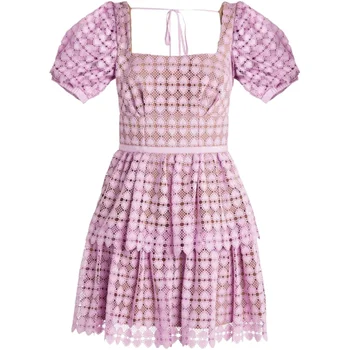 

Brand Fashion Women High-end Luxury Vintage Summer Slim Elegant Sexy Purple Bubble Short-sleeved Lace Dress
