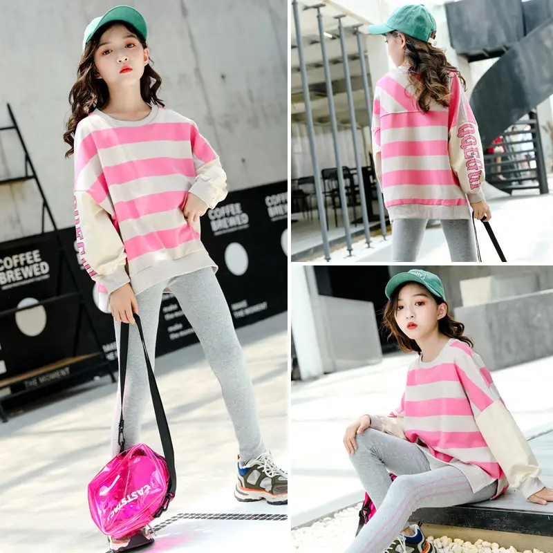 

Girl Baby Clothing Set Long Sleeve Clothing 2019 Cotton Outfit Leggings Girls Casual Striped Patchwork Top+Tights Running Pants
