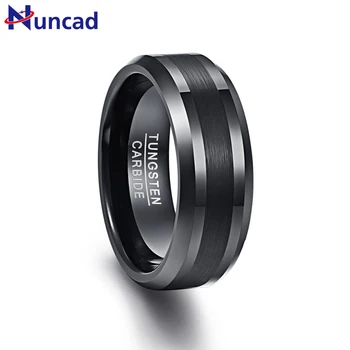 

NUNCAD 8mm Tungsten Carbide Ring Black Wedding Engagement Band Brushed Center Men's Ring Beveled Edge Comfort Fit Size 7-12