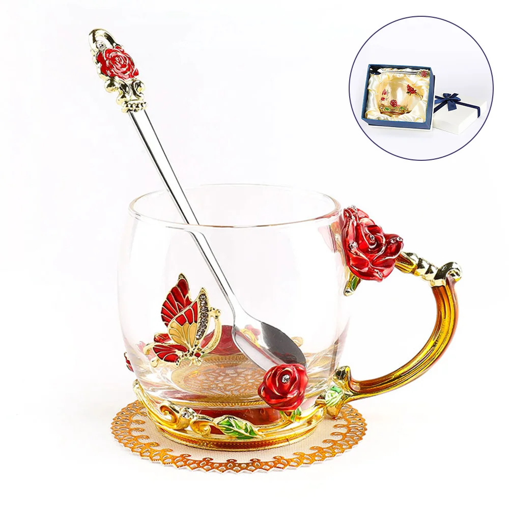 Эмалированная Хрустальная чашка прозрачная стеклянная кофейная чайная кружка красная синяя Роза Высококачественная стеклянная чашка с рукояткой и ложкой идеальный подарок