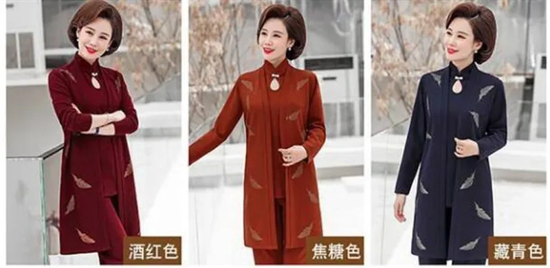 Womens 2022 Spring Autumn Elegant Three Piece Sets Floral Printed Long Coat + Short Top And Loose Pants Suits 4XL 2344